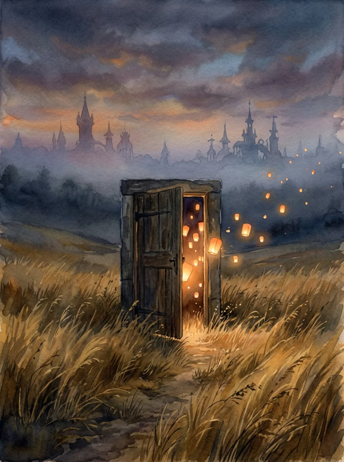 Watercolor of an old wooden door standing alone in a field of tall golden grass at dusk, slightly open, warm light and floating lanterns spilling out; faint towers dissolve in the mist far behind.