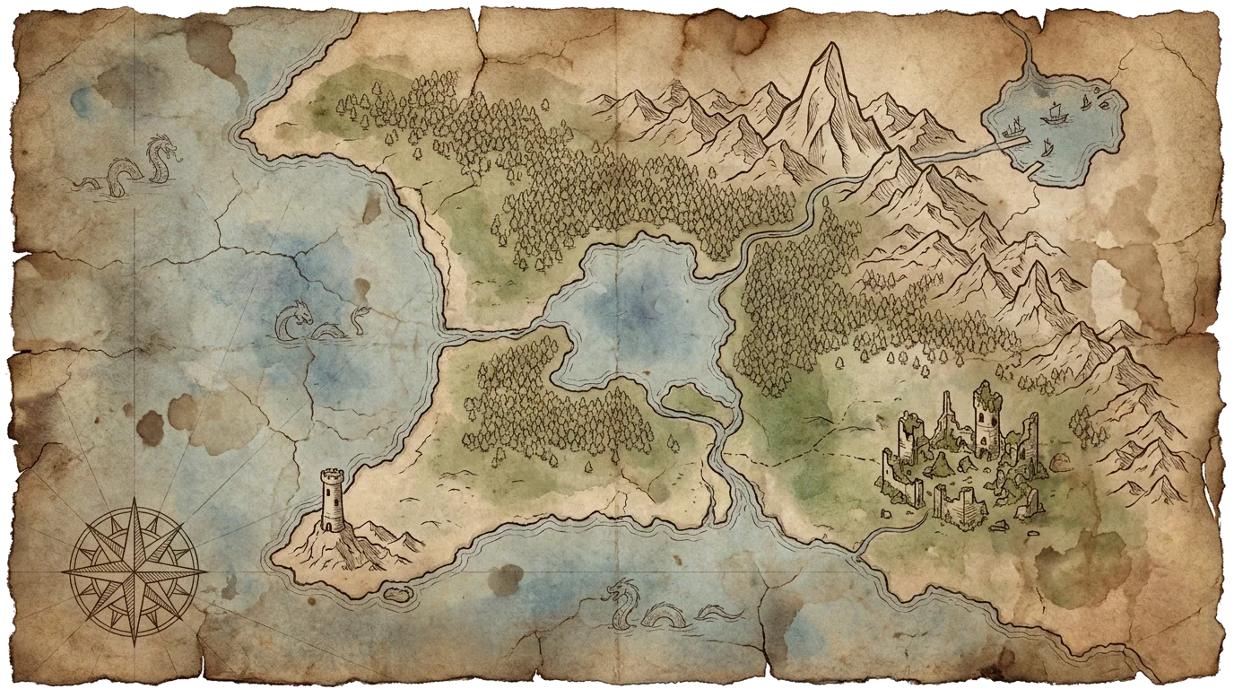 An unlabeled hand-painted map on torn, stained parchment: a western sea with serpents, a tower on a cape, a great inland lake, forests, a high mountain range, a small harbor lake in the northeast, and a ruined walled city in the east. A compass rose sits in the lower left.